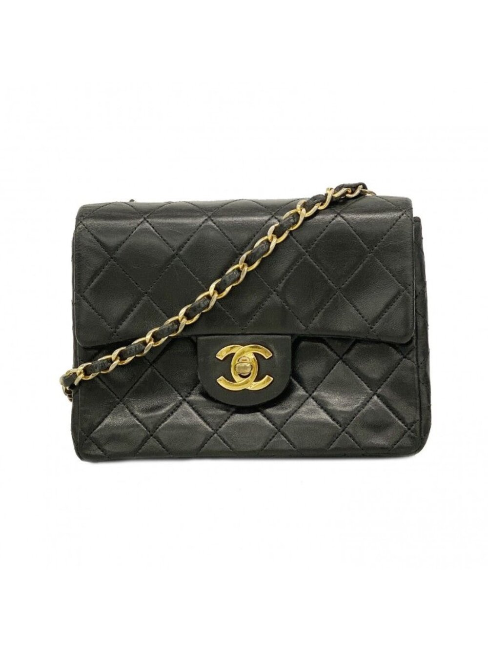 Chanel Shoulder Bag Mini Quilted Lambskin Black Gold